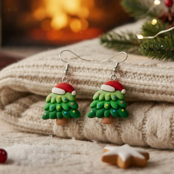 Festive Christmas Tree Earrings 🎄 Resin 18K White Gold Plated Ear Needles 🎅 - Picture 5 of 11
